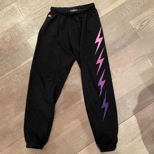 Aviator Nation Sweatpants, Size XS, Black with Pink and Purple Lightning Bolt